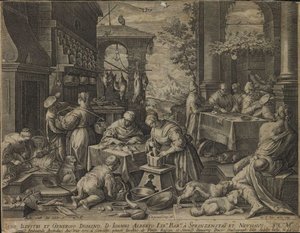 A dúsgazdag falánk az asztalnál és a koldus Lázár a Konyhai jelenetek sorozatból. alkotó: Jan Sadeler